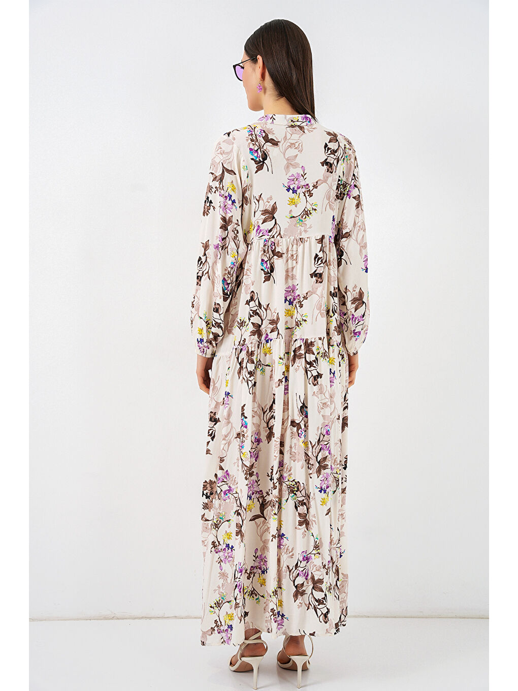 Kadın Desenli Uzun Tesettür Elbise 2585 - I. Kahverengi-4