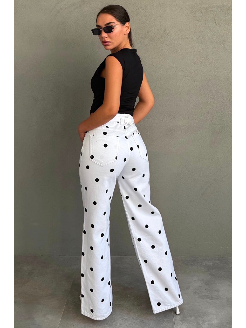 Beyaz Puantiye Desenli Yüksek Bel Pantolon Mg2861-4