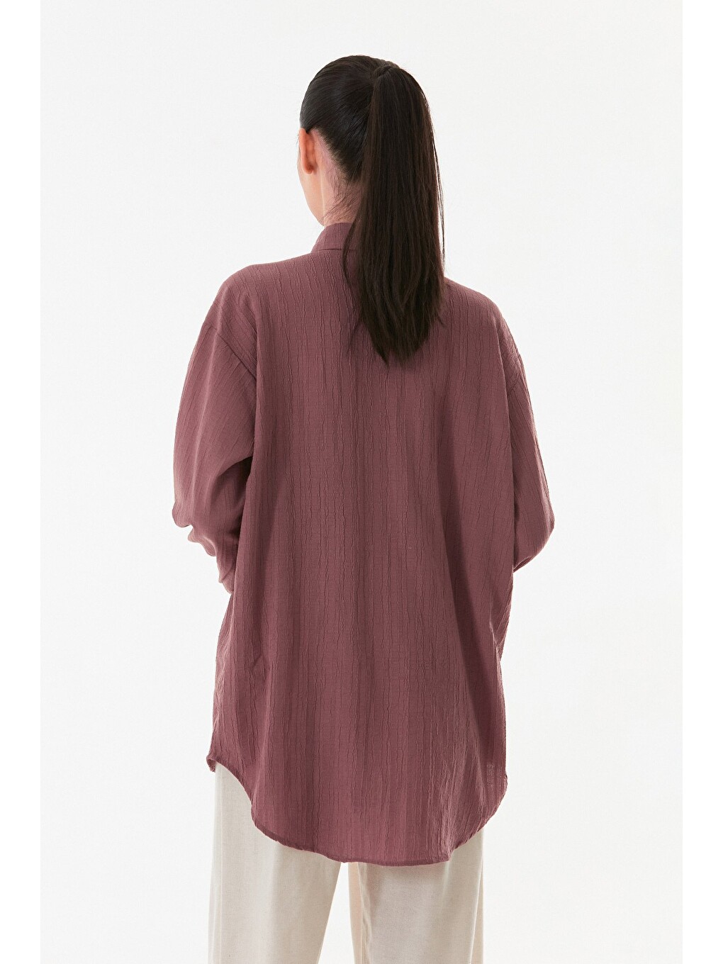 Pembe Basic Krep Kumaş Tek Cepli Oversize Gömlek-4