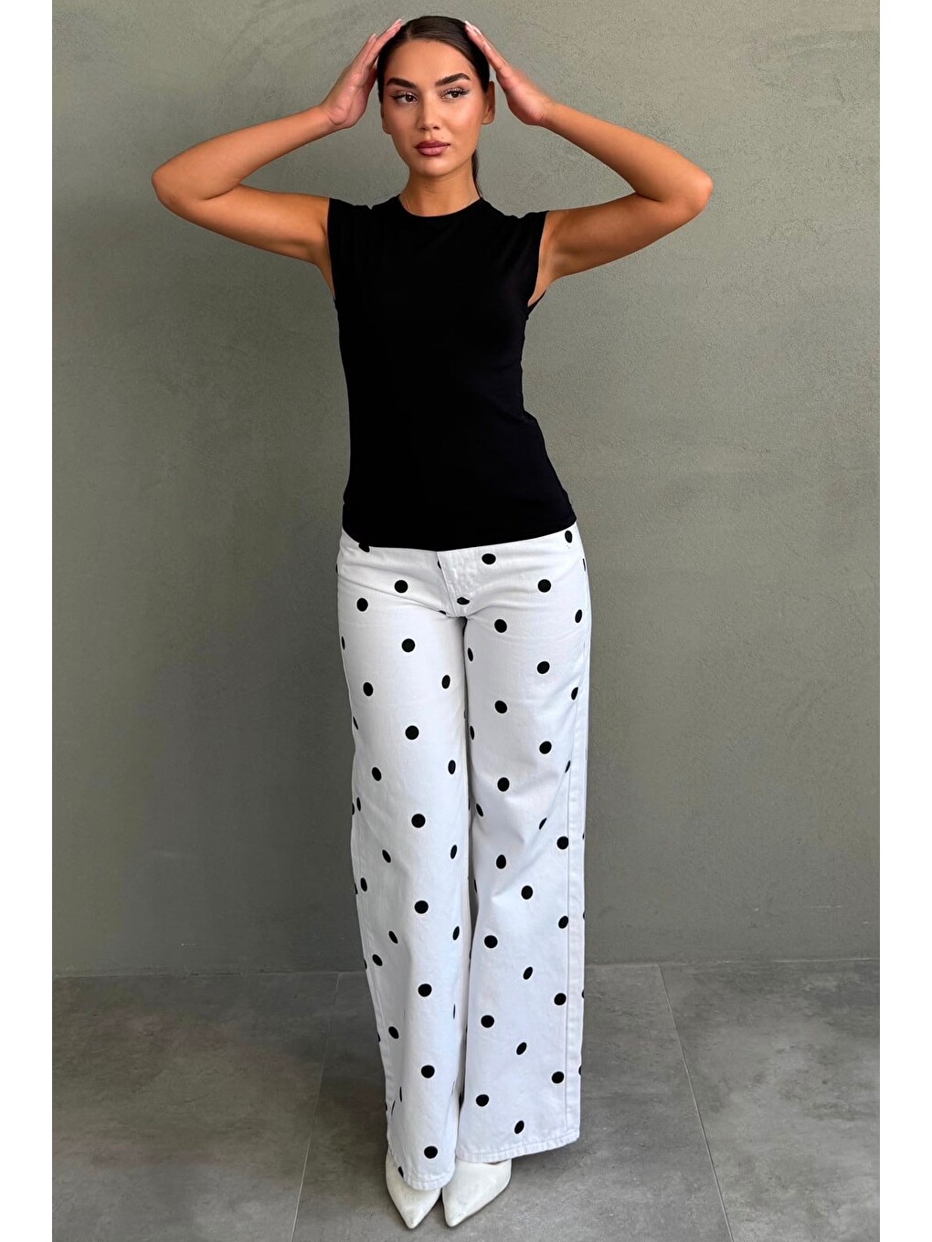 Beyaz Puantiye Desenli Yüksek Bel Pantolon Mg2861-5