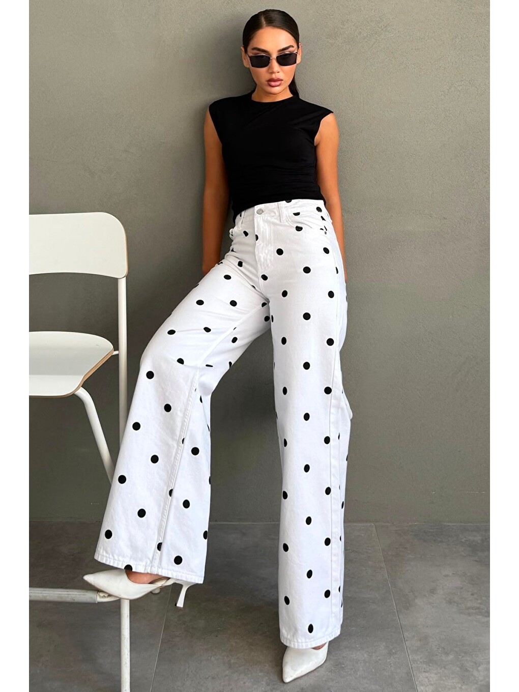 Beyaz Puantiye Desenli Yüksek Bel Pantolon Mg2861-6