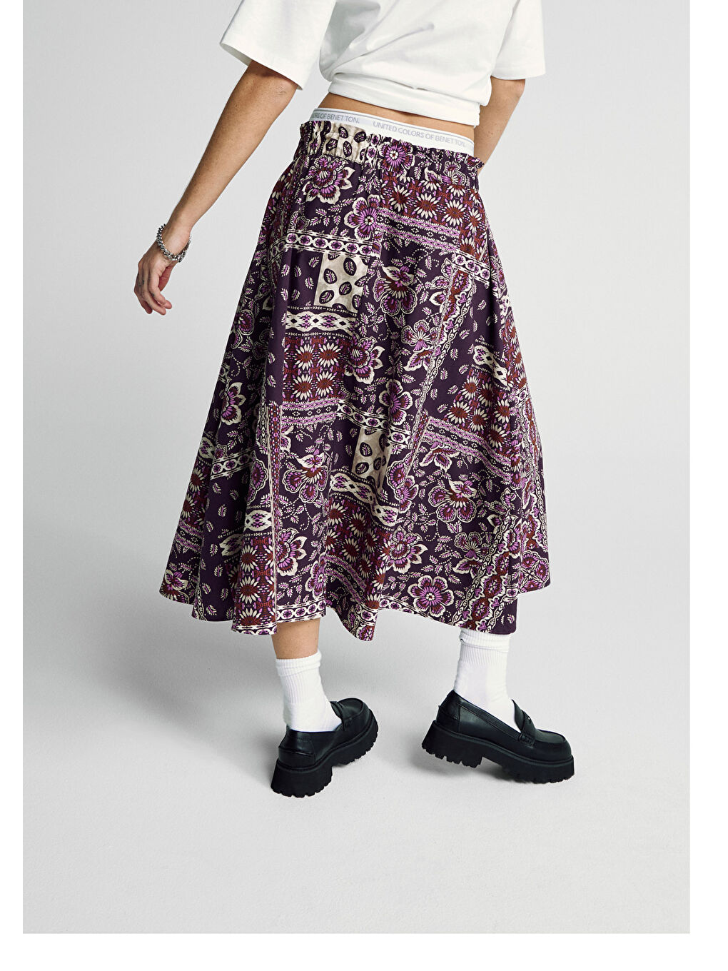 Kadın Bordo %100 Pamuk Desenli Beli Lastikli Cepli Poplin Etek-2