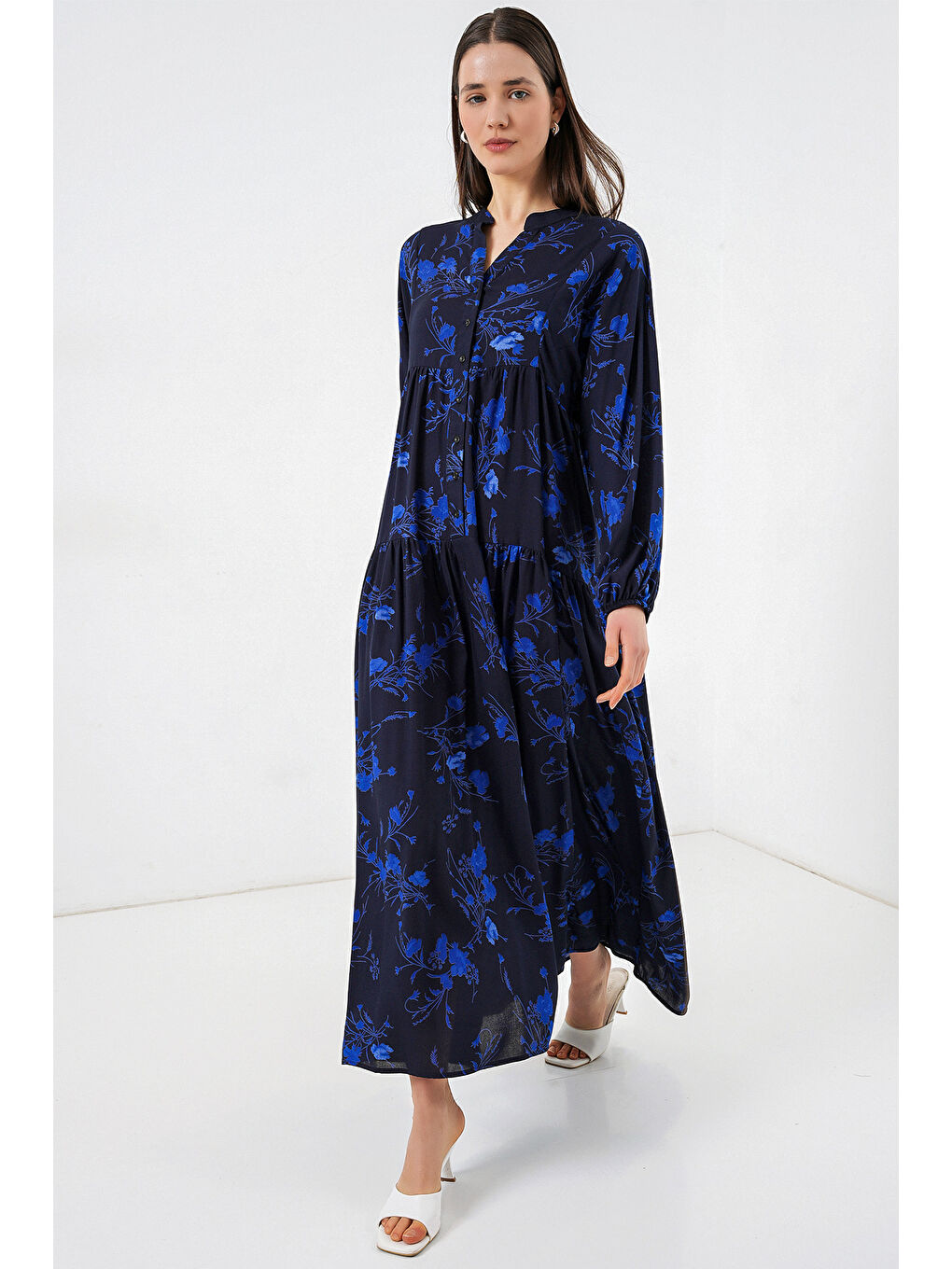 Kadın Desenli Uzun Tesettür Elbise 2585 - Siyah 9