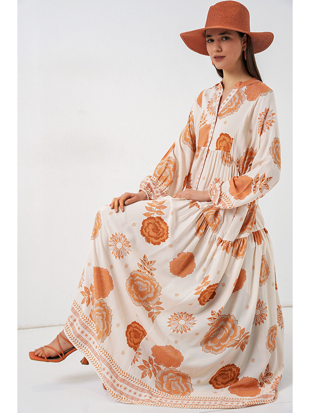 Kadın Desenli Uzun Tesettür Elbise 2585 - D. Turuncu-1