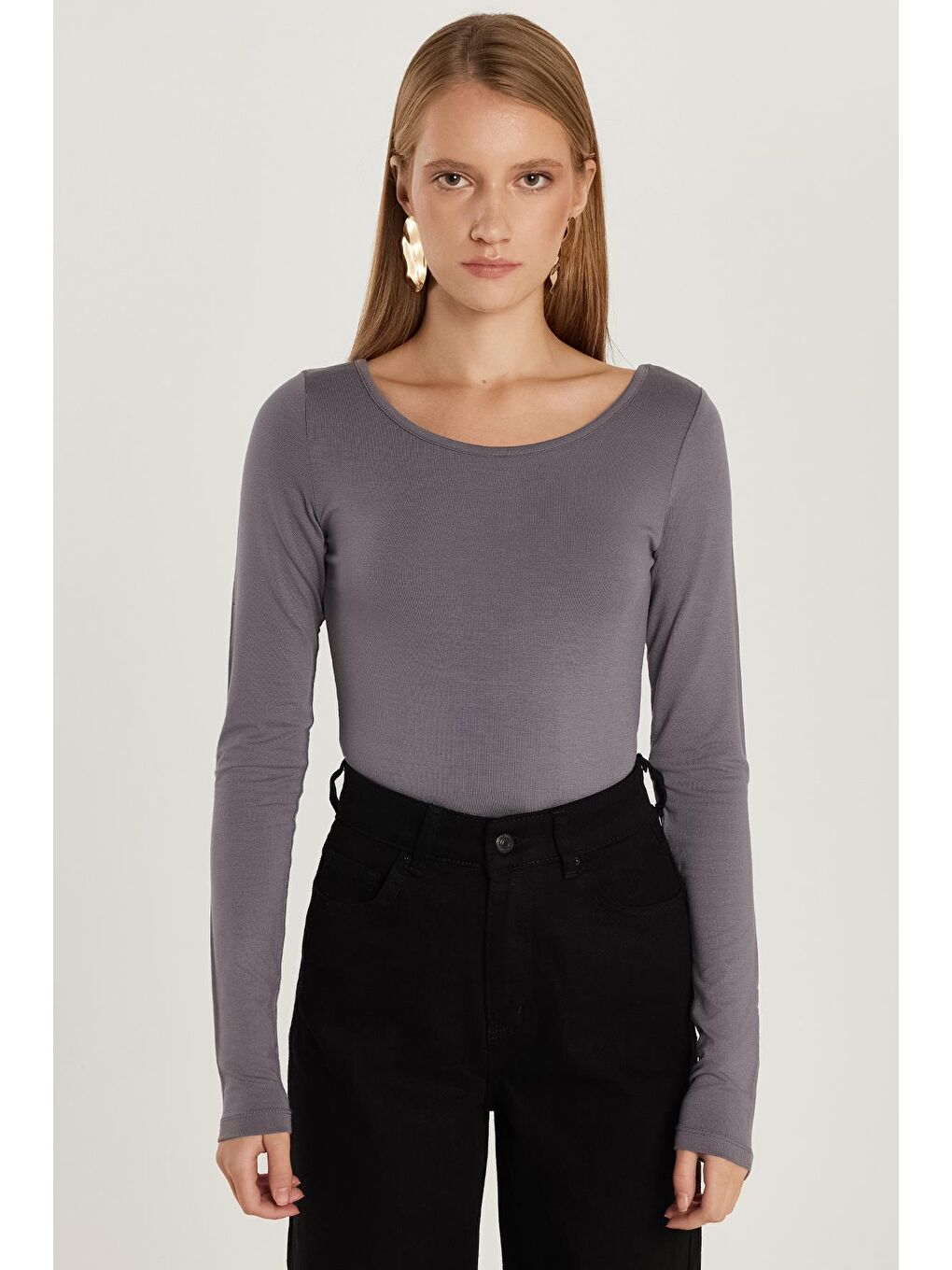 Kadın Slim Fit Dar Kesim Uzun Kollu Viskon Gri Bluz-3