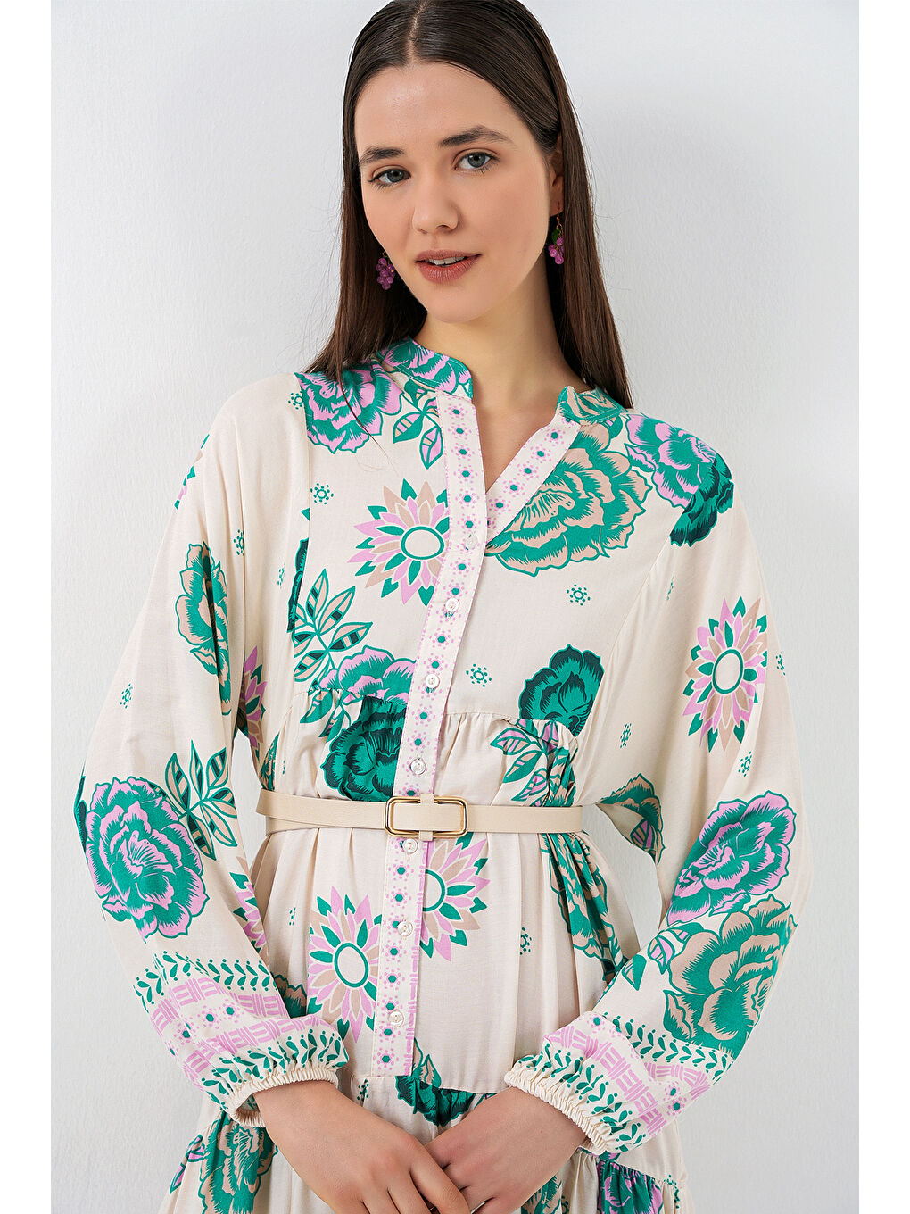 Kadın Desenli Uzun Tesettür Elbise 2585 - Yeşil 1-2