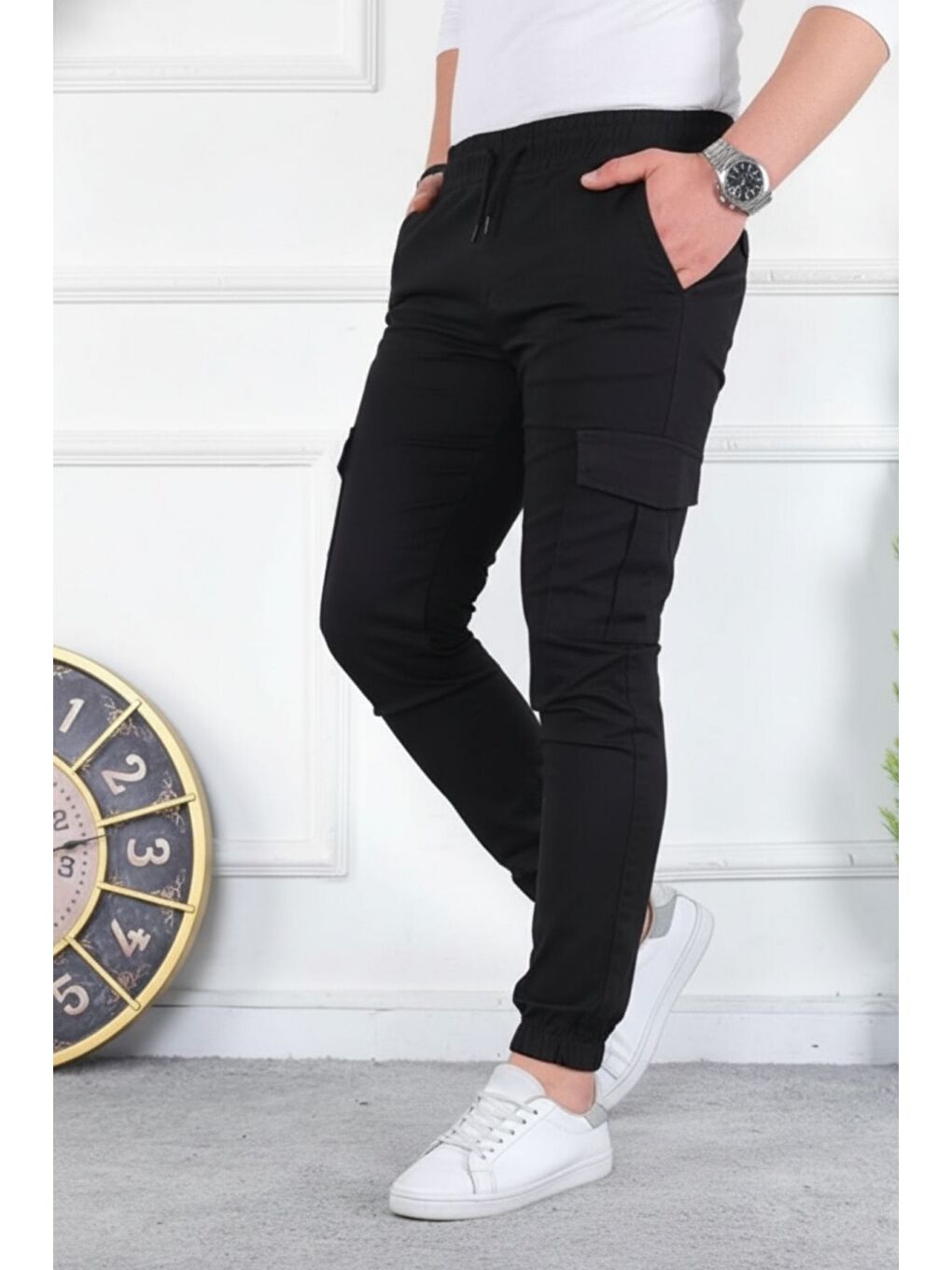 Siyah Erkek Yıkamalı Elastanlı Kumaş Kargo Bel Paça Lastikli-5