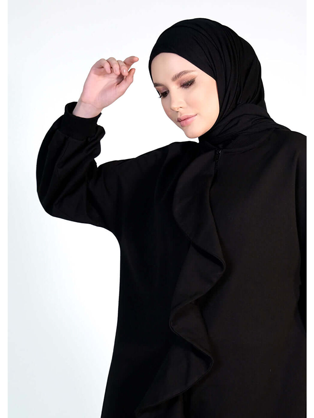 Siyah Tesettür Eşofman Üstü - Fırfır