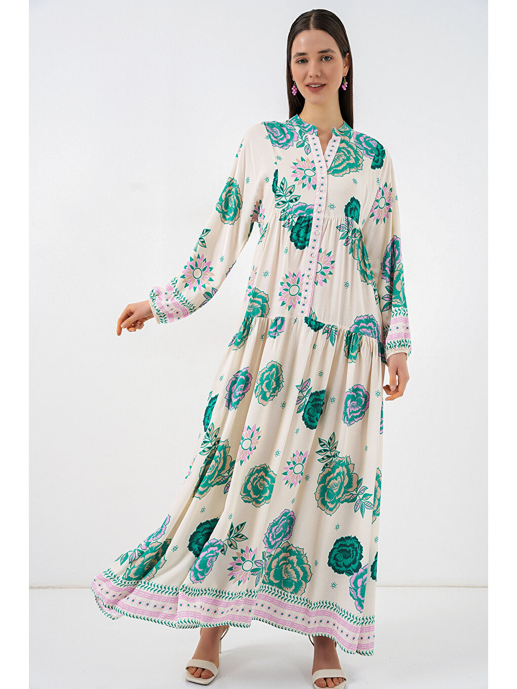 Kadın Desenli Uzun Tesettür Elbise 2585 - Yeşil 1-3