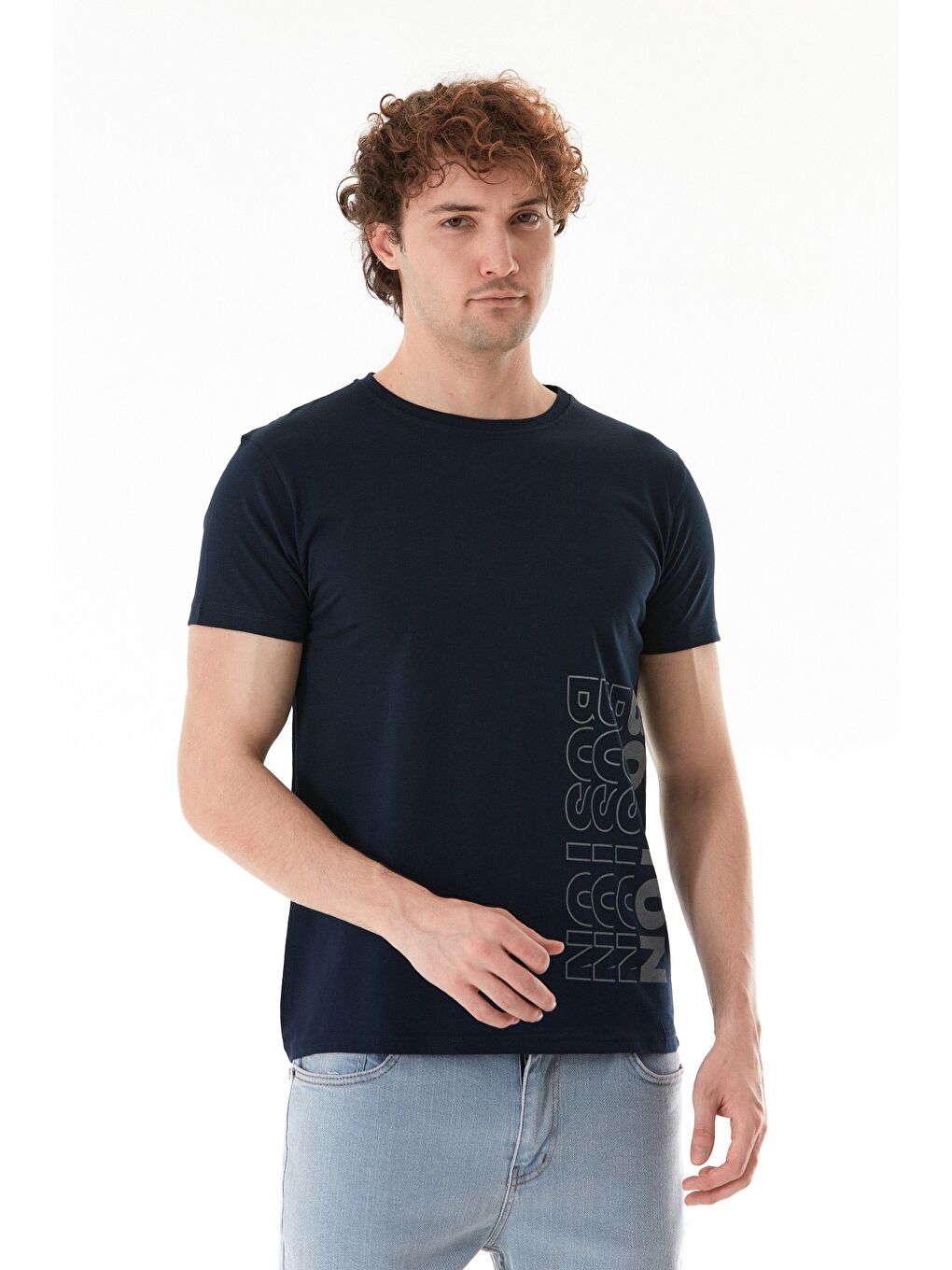 Lacivert Boston Yazı Baskılı Bisiklet Yaka Tişört