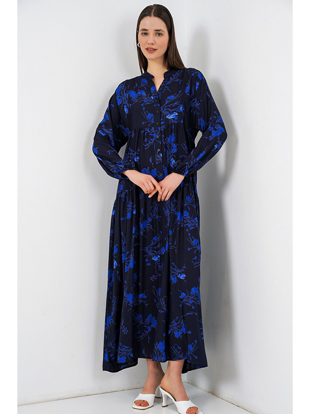 Kadın Desenli Uzun Tesettür Elbise 2585 - Siyah 9-2