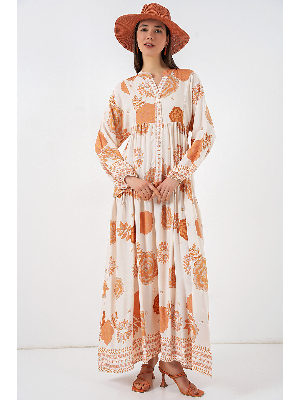 Kadın Desenli Uzun Tesettür Elbise 2585 - D. Turuncu-2