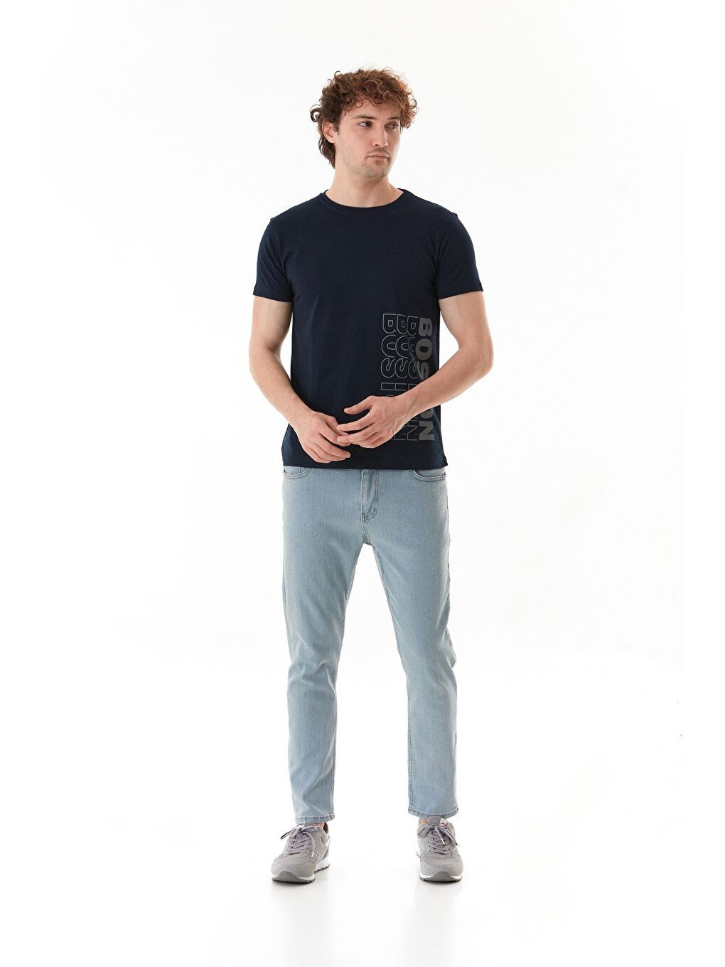 Lacivert Boston Yazı Baskılı Bisiklet Yaka Tişört-1