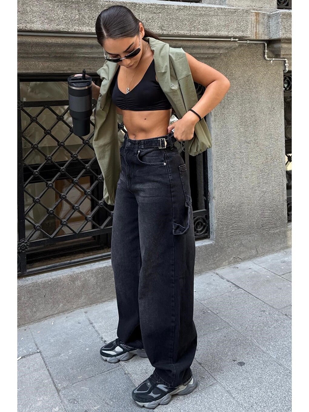 Siyah Kargo Kemer Detaylı  Baggy Kadın Jean Mg2874-3