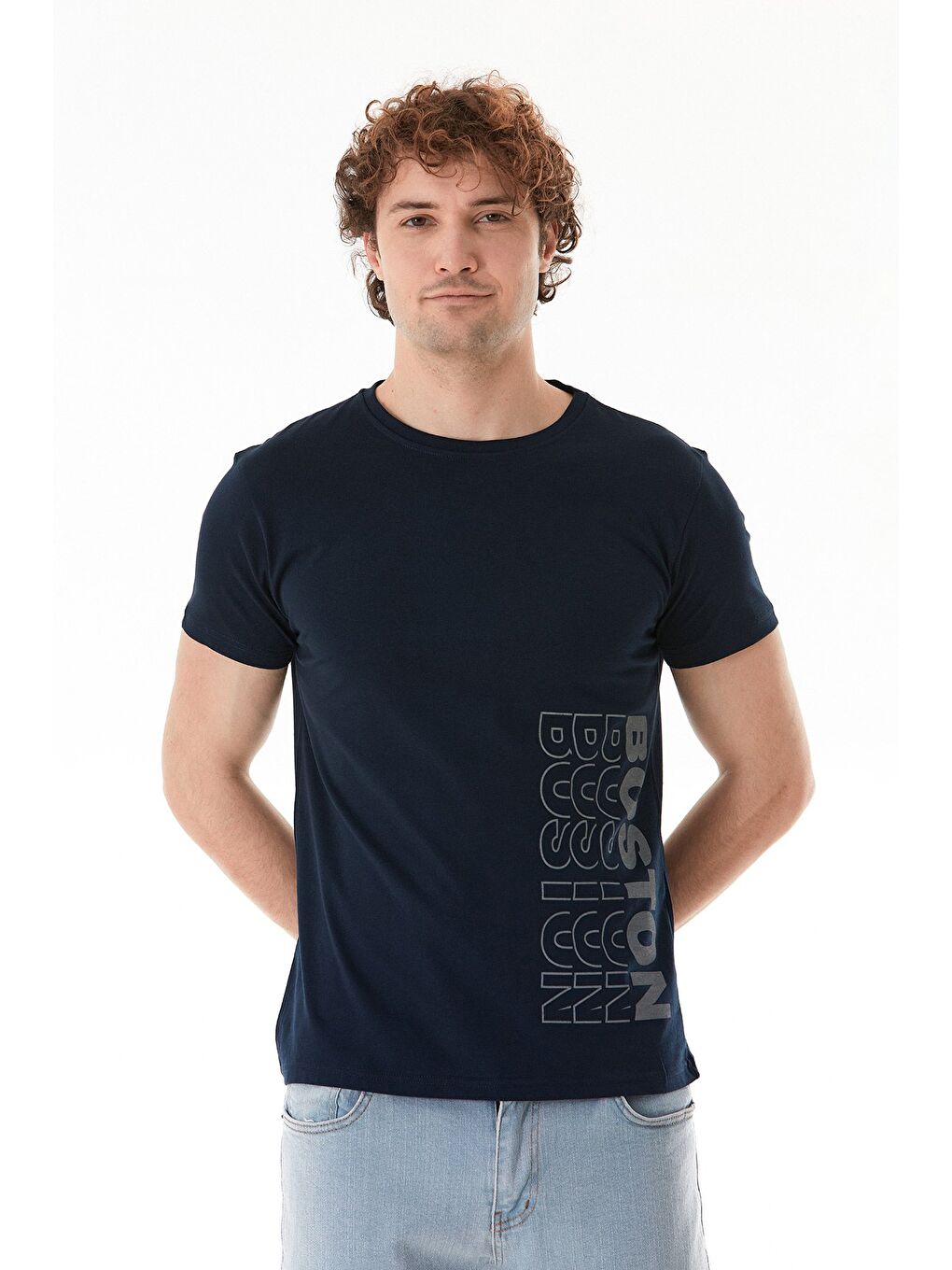 Lacivert Boston Yazı Baskılı Bisiklet Yaka Tişört-2