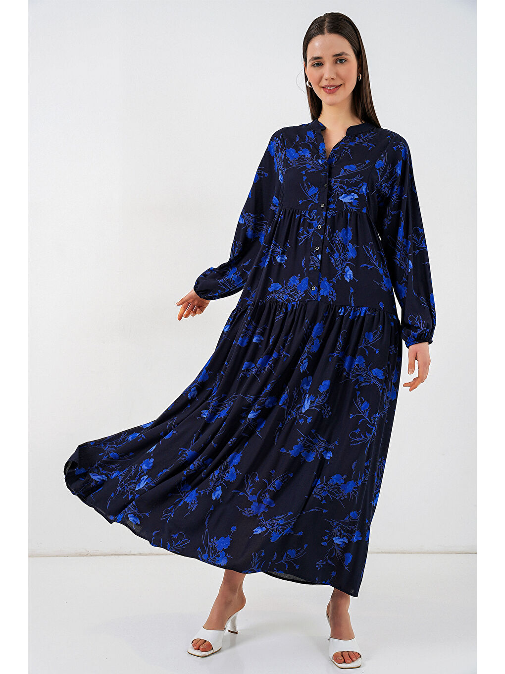 Kadın Desenli Uzun Tesettür Elbise 2585 - Siyah 9-3