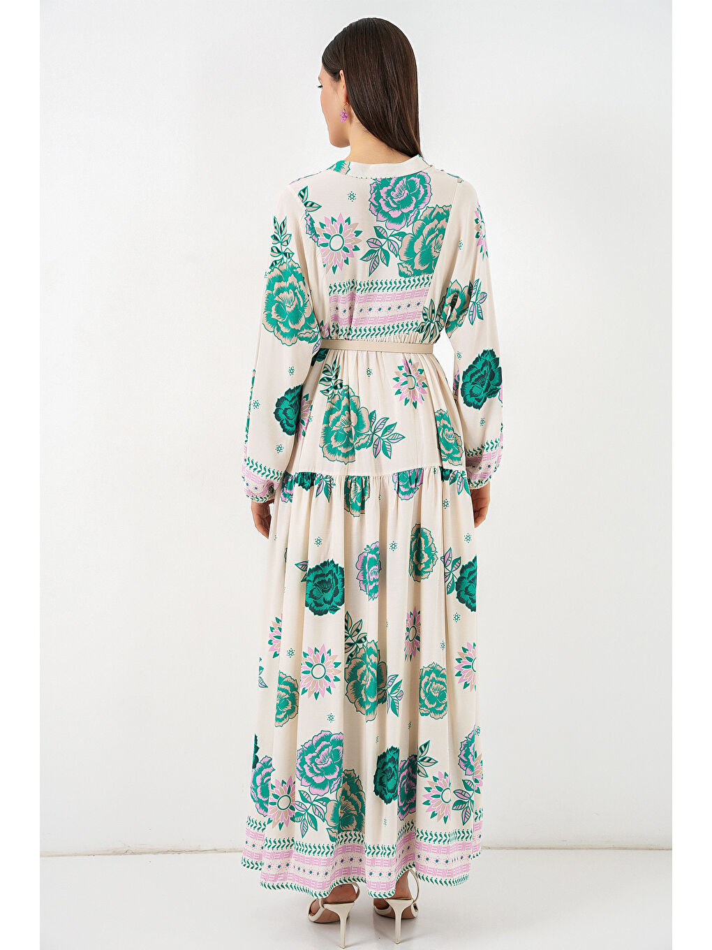 Kadın Desenli Uzun Tesettür Elbise 2585 - Yeşil 1-5