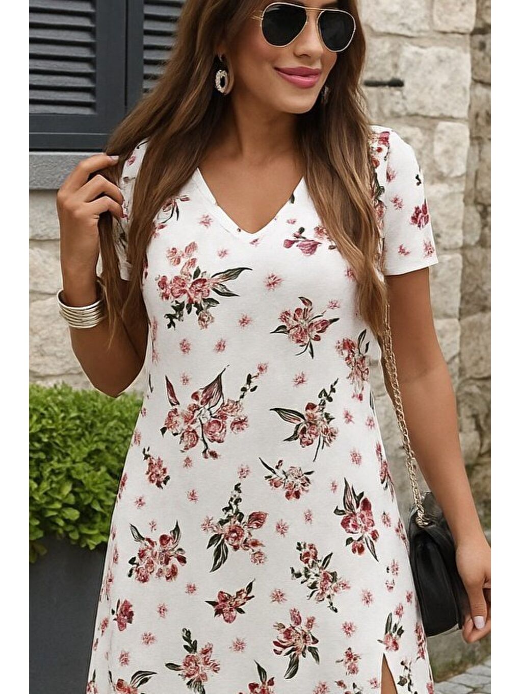 Beyaz Kadın Kısa Kollu V Yakalı Maksi Boy Viskon Elbise-1