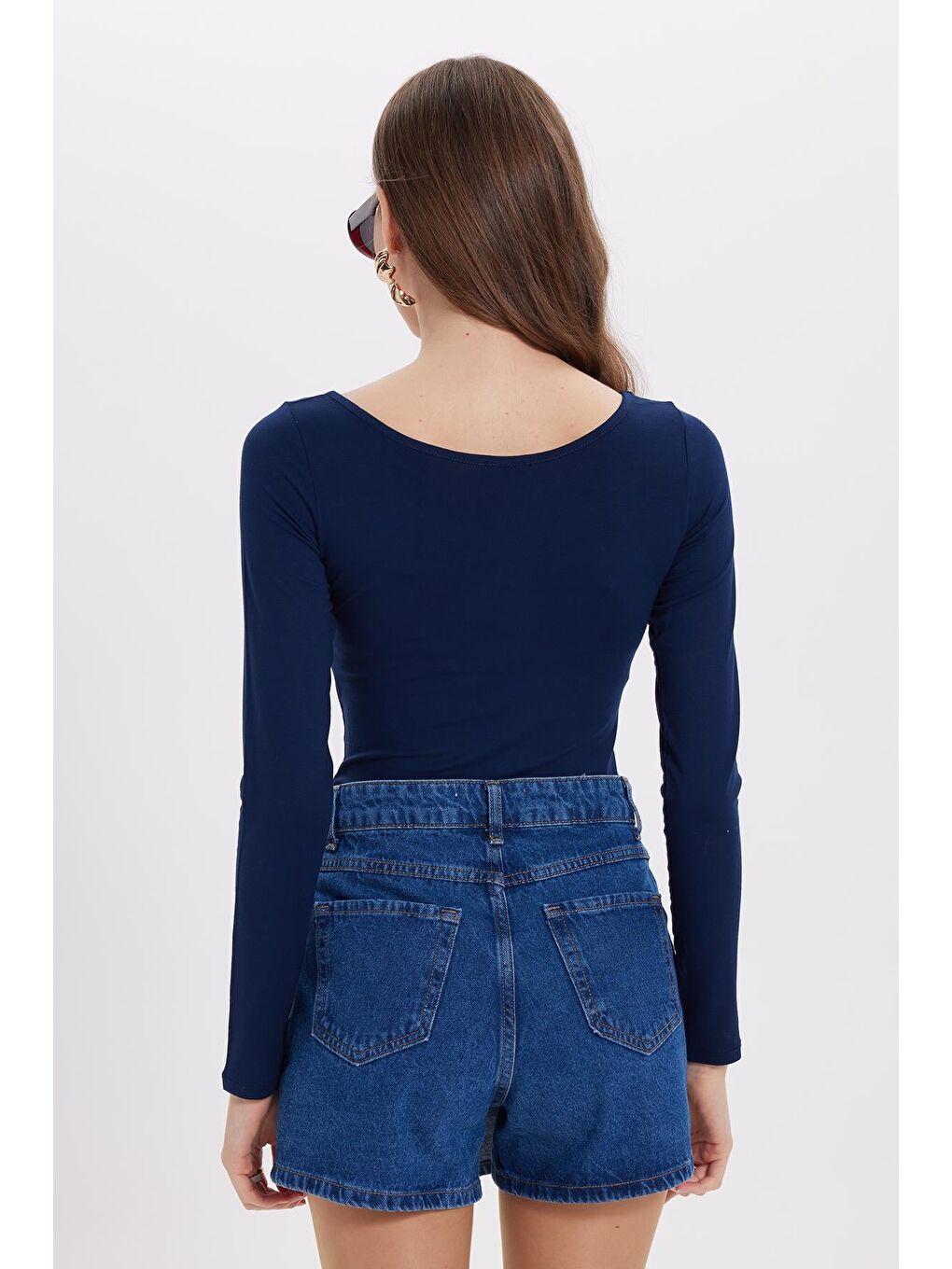 Kadın Slim Fit Dar Kesim Uzun Kollu Viskon Lacivert Bluz-6