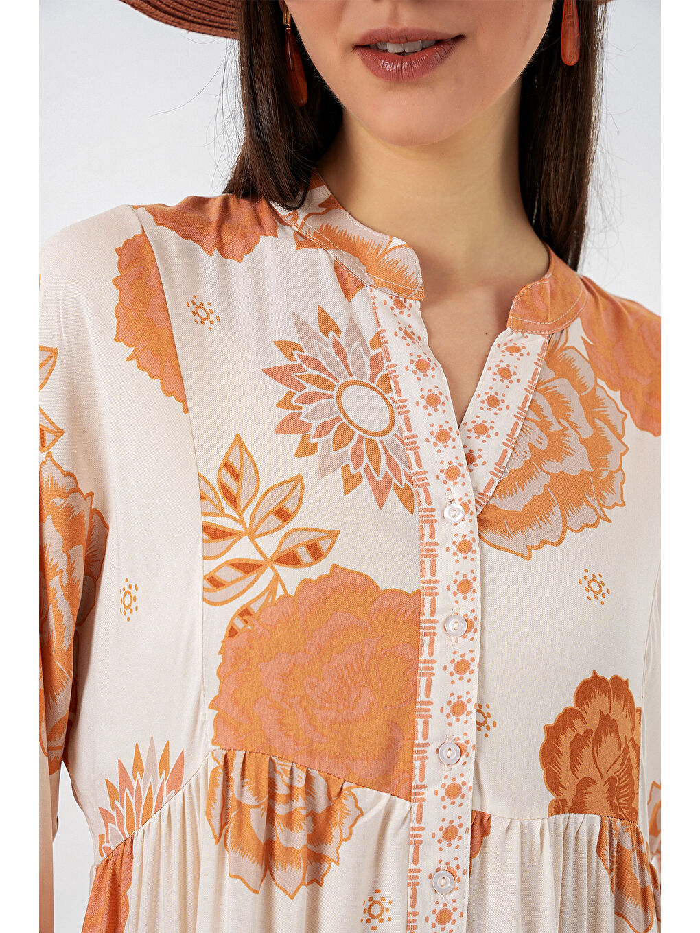 Kadın Desenli Uzun Tesettür Elbise 2585 - D. Turuncu-3