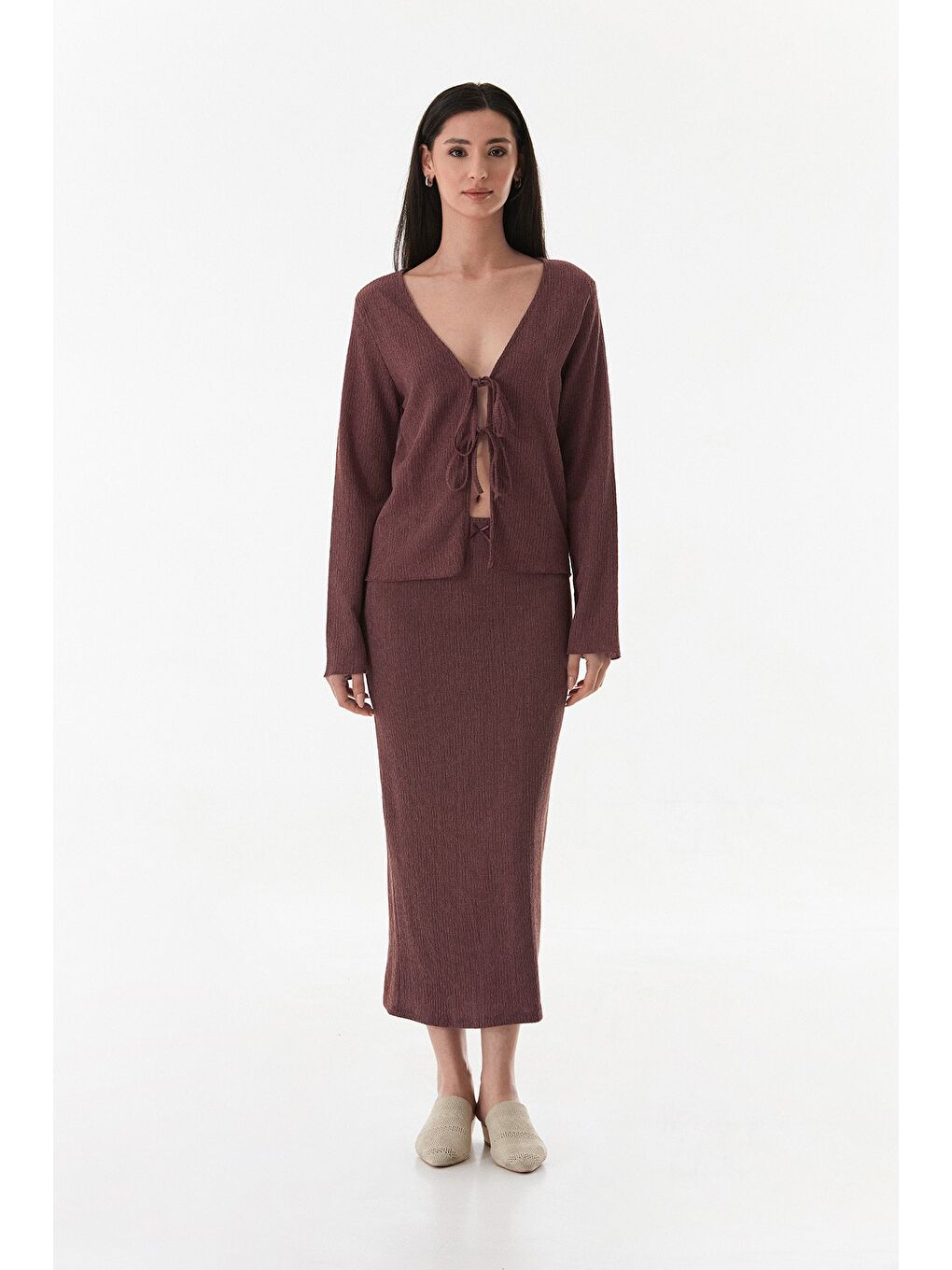 Mürdüm Kurdele Detaylı Bürümcük Kumaş Kalem Etek