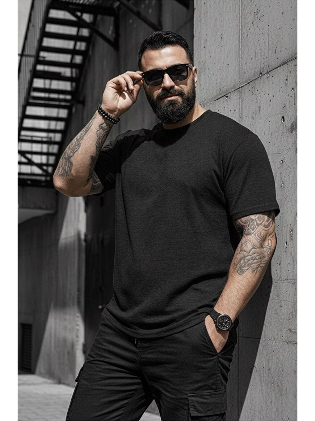 Siyah Kabuk Desen Elastanlı Erkek Büyük Beden Gofre (Kabartma) Dokulu T-Shirt