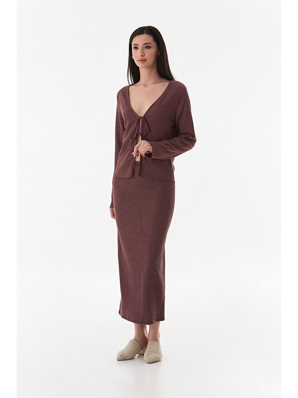 Mürdüm Kurdele Detaylı Bürümcük Kumaş Kalem Etek-1