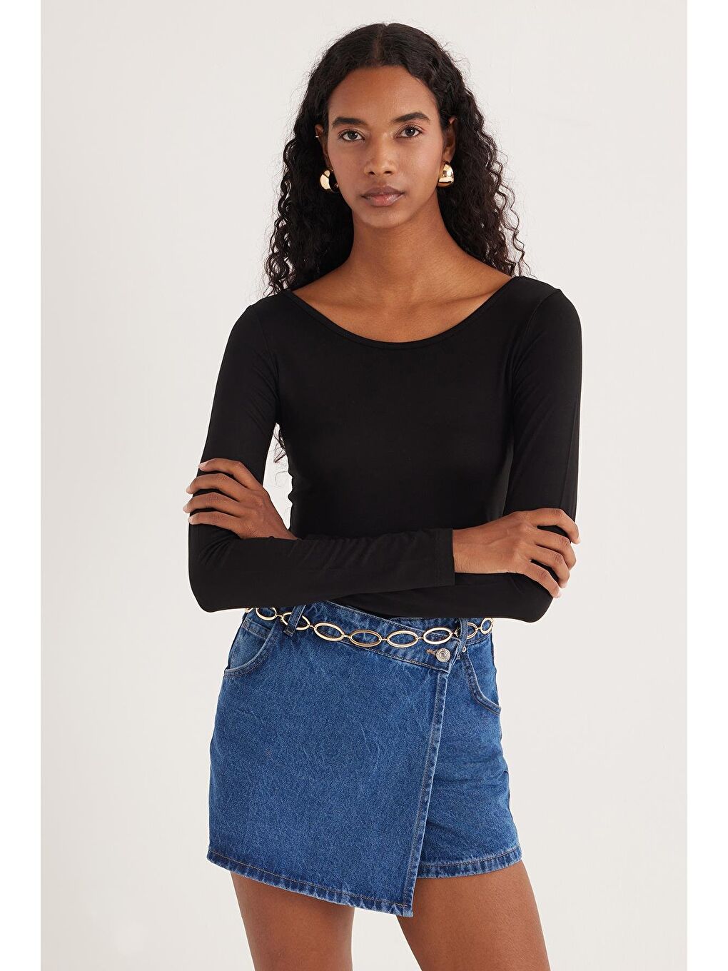 Kadın Slim Fit Dar Kesim Uzun Kollu Viskon Siyah Bluz-3