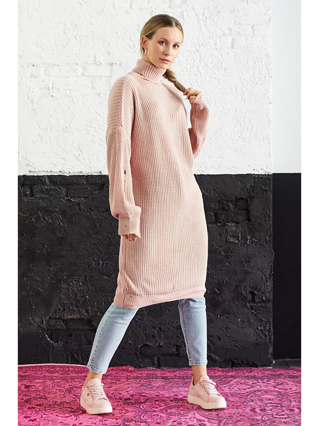 Pembe Balıkçı Yaka Triko Tunik-1