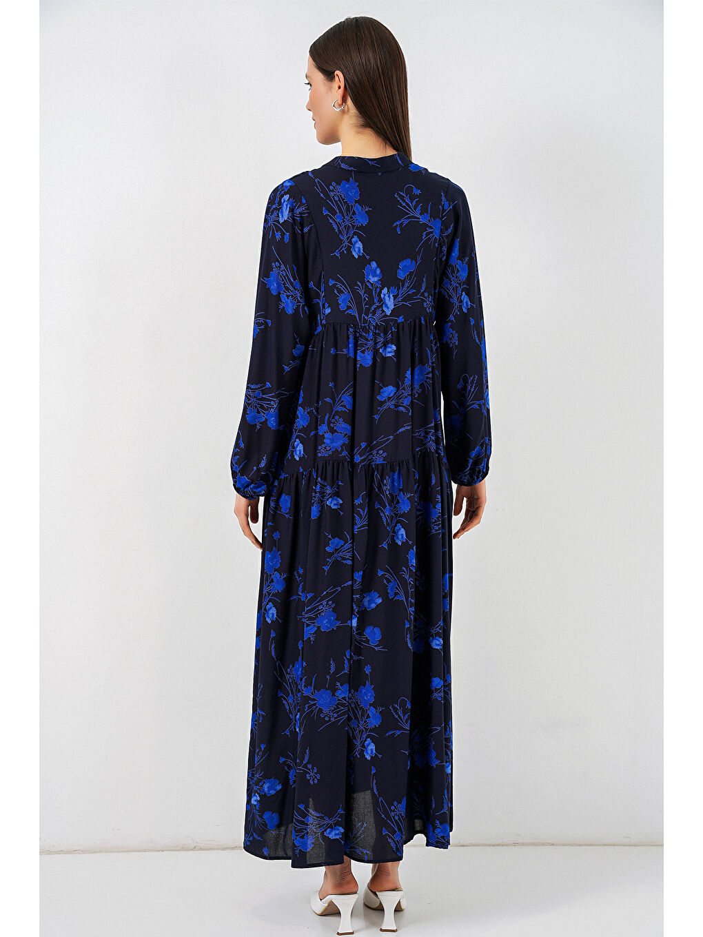 Kadın Desenli Uzun Tesettür Elbise 2585 - Siyah 9-5