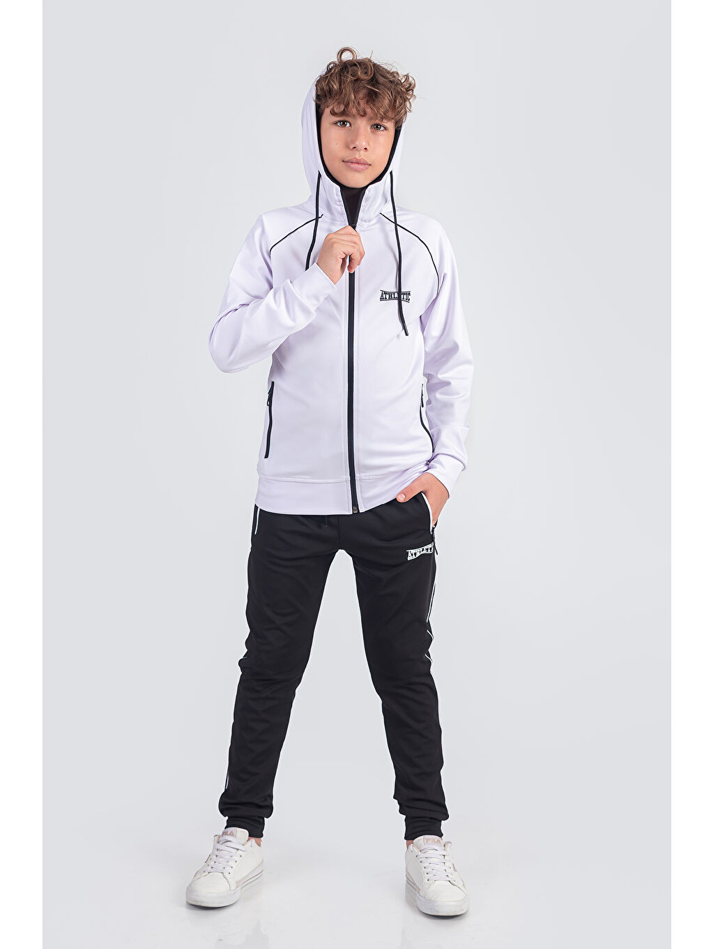 Beyaz Kapüşonlu Dalkgıç Kumaş Eşofman Takımı Athletic ESF2242-1