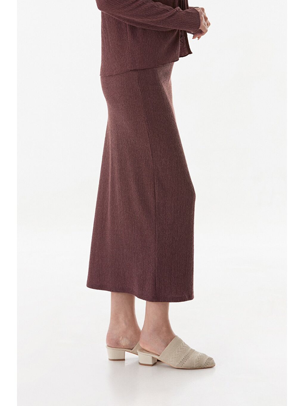 Mürdüm Kurdele Detaylı Bürümcük Kumaş Kalem Etek-4