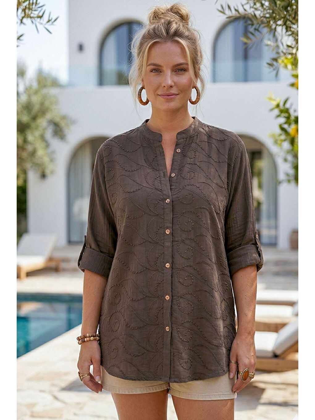 Kahverengi Hakim Yaka Düğmeli Uzun Kollu Düğmeli Casual Müslin Dokuma Gömlek 75 63