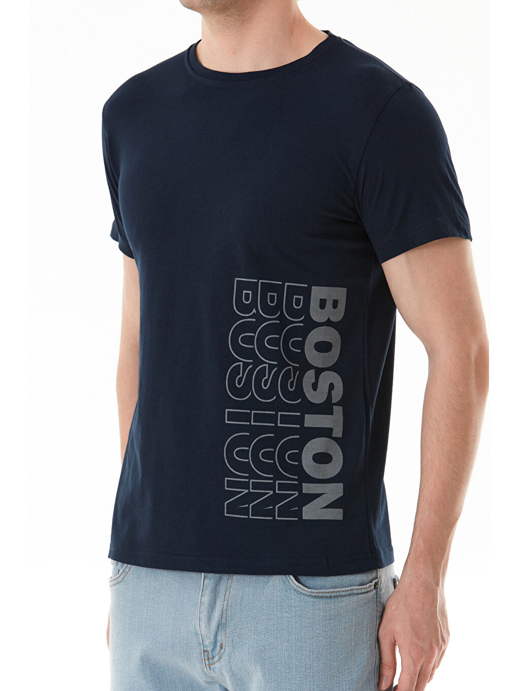 Lacivert Boston Yazı Baskılı Bisiklet Yaka Tişört-4