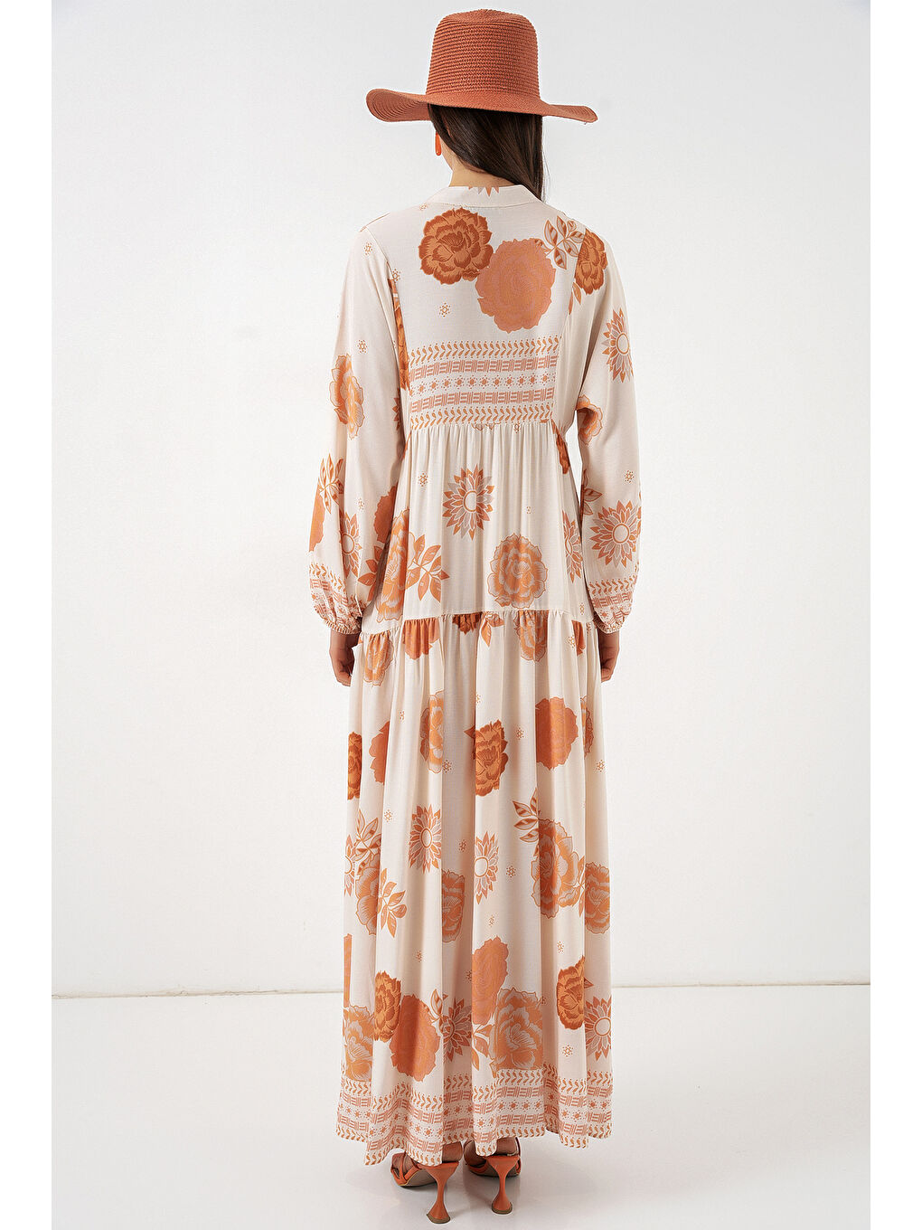 Kadın Desenli Uzun Tesettür Elbise 2585 - D. Turuncu-4