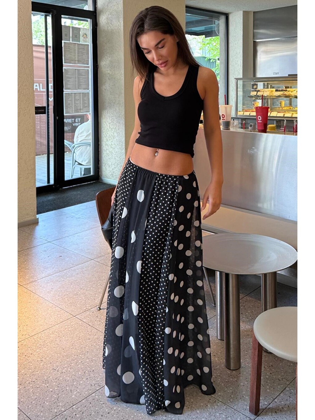 Siyah Çoklu Puantiye Desen Maxi Etek Mg2839-2
