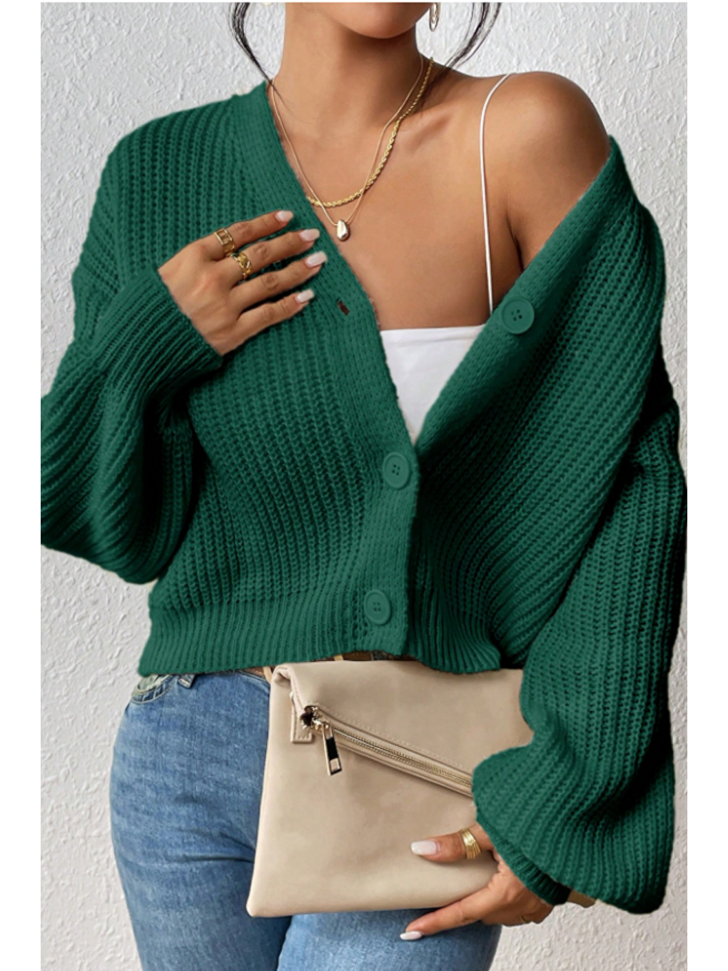 Kadın Yeşil V Yaka  Uzun Kollu Düğmeli Triko Hırka