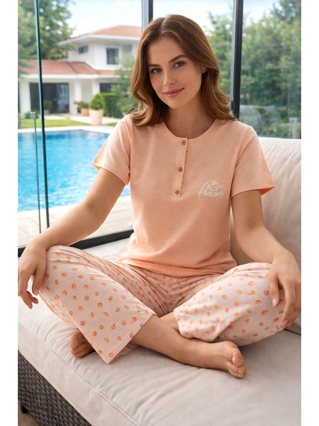 Kadın Kısa Kol Compakt Penye Kumaş Pamuklu Pijama Takımı 90783-4077 Turuncu