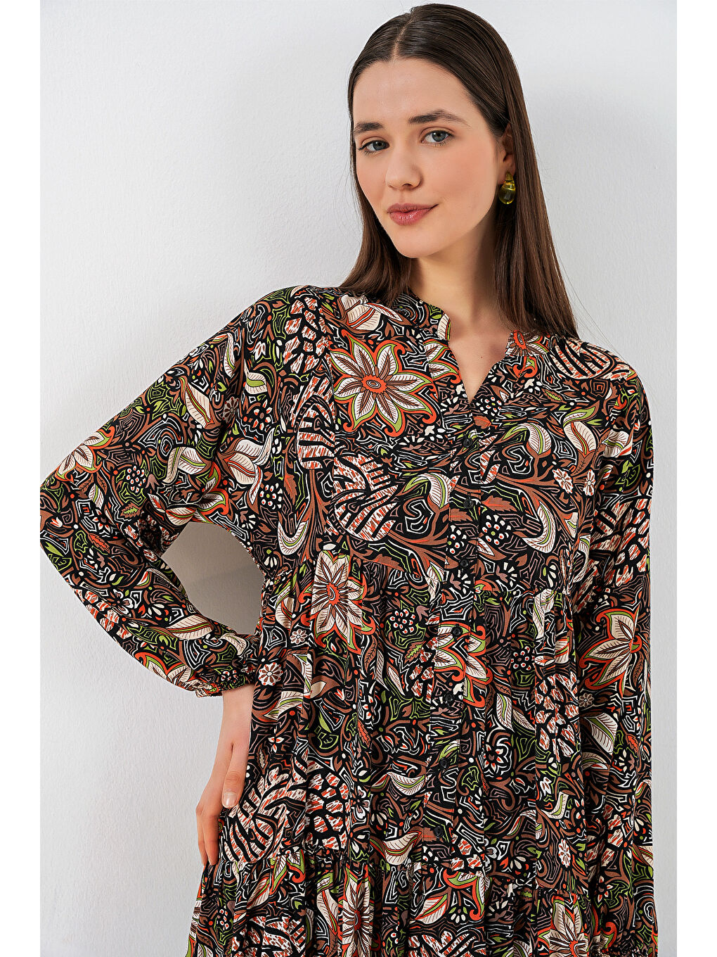 Kadın Desenli Uzun Tesettür Elbise 2585 - L. Siyah-1