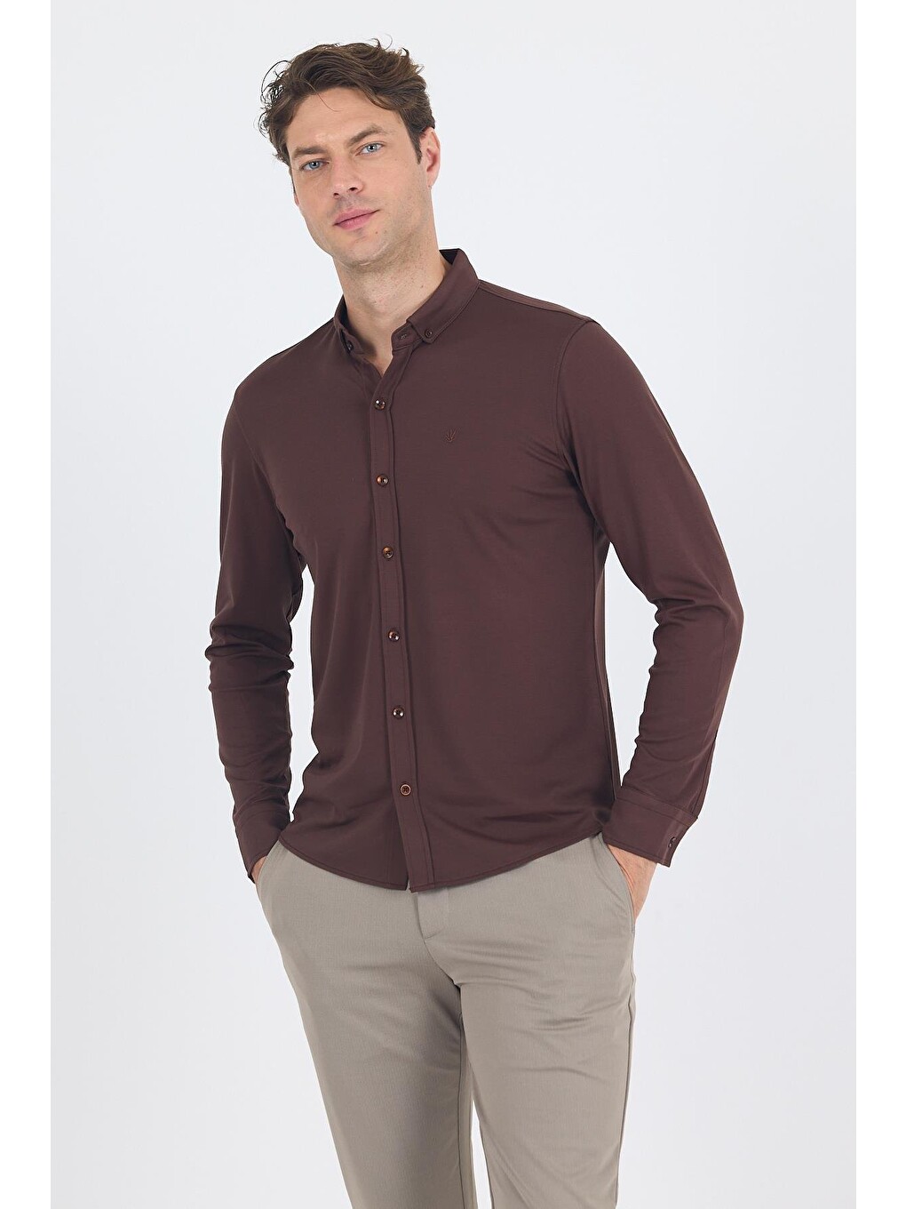Koyu Kahverengi İtalyan Düğmeli Yaka Uzunkol Cepsiz Slim Fit Gömlek 1004250254