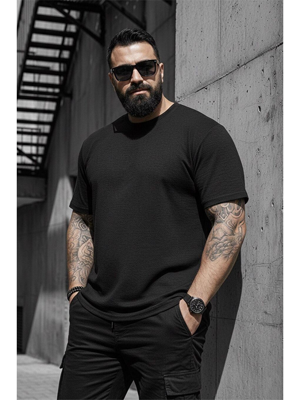 Siyah Kabuk Desen Elastanlı Erkek Büyük Beden Gofre (Kabartma) Dokulu T-Shirt-1