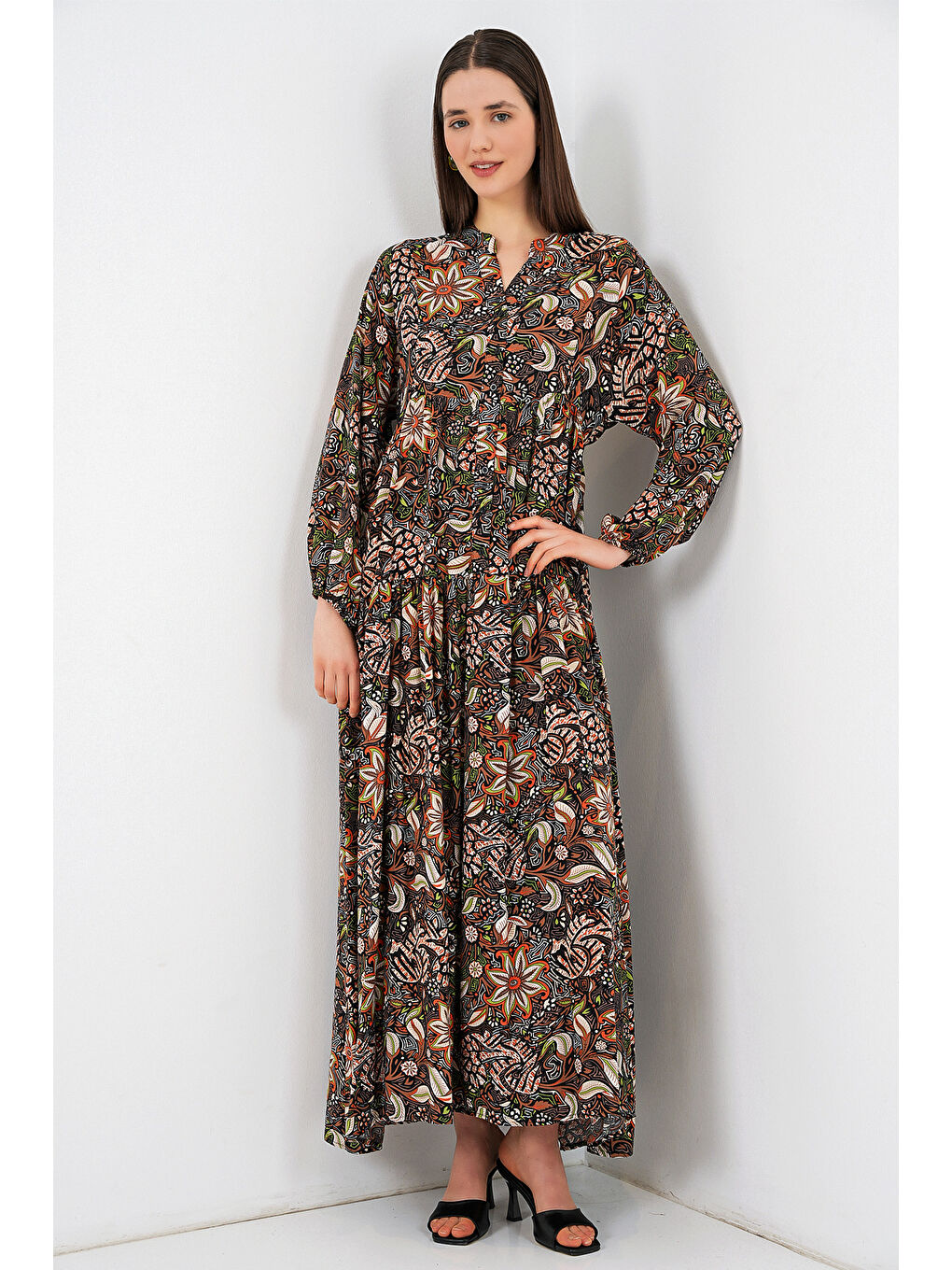 Kadın Desenli Uzun Tesettür Elbise 2585 - L. Siyah-2