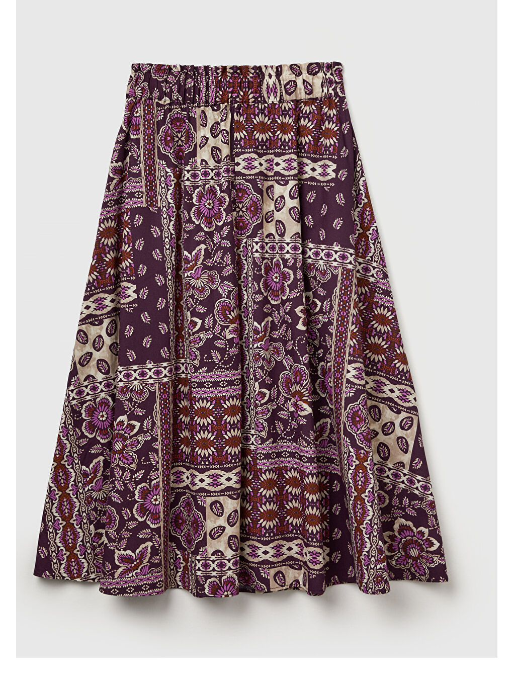 Kadın Bordo %100 Pamuk Desenli Beli Lastikli Cepli Poplin Etek-3