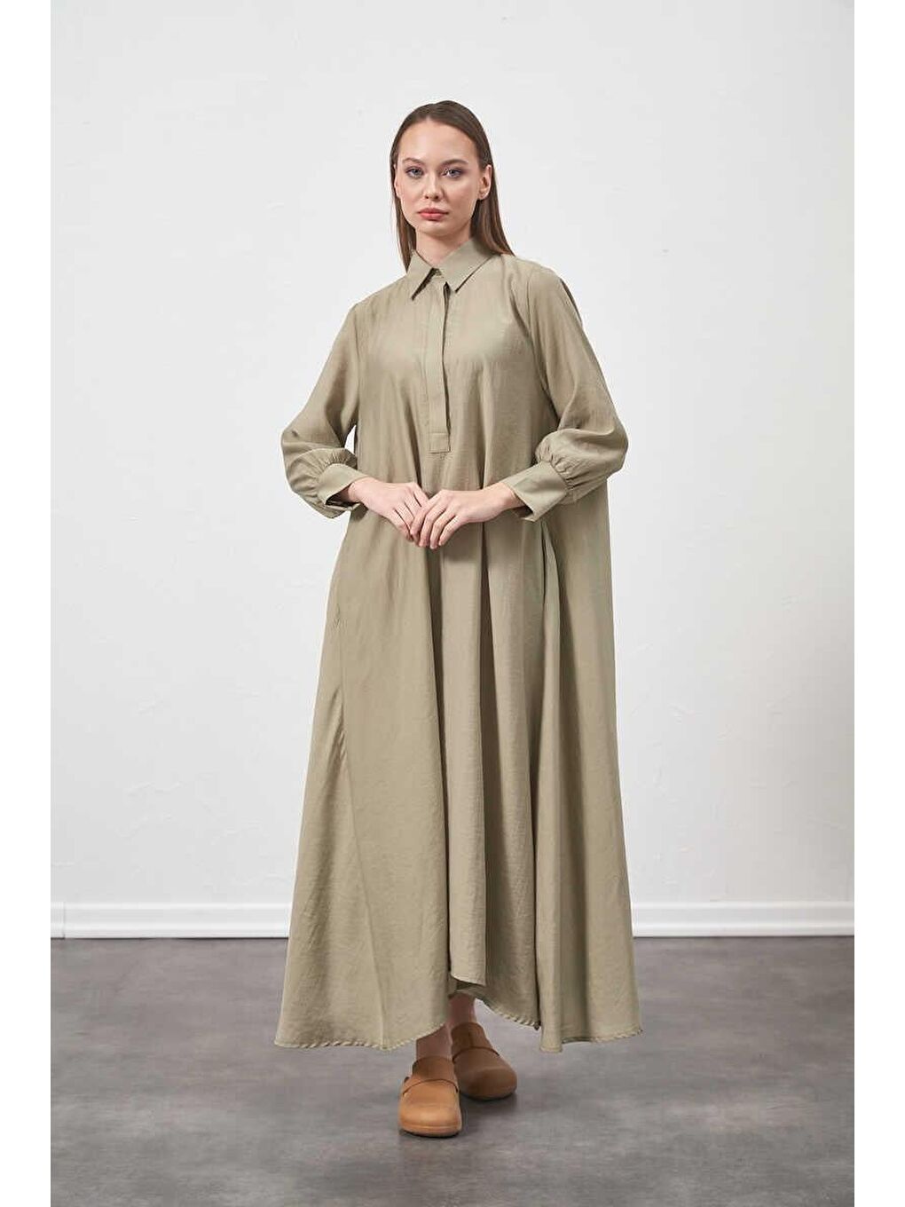 Yeşil A Pile Ekstra Salaş Modal Elbise Çağla-1