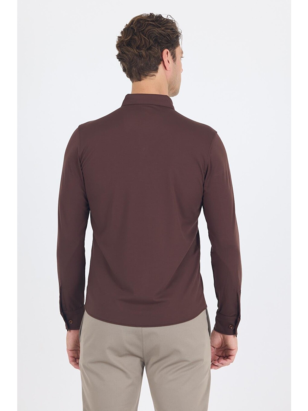 Koyu Kahverengi İtalyan Düğmeli Yaka Uzunkol Cepsiz Slim Fit Gömlek 1004250254-4