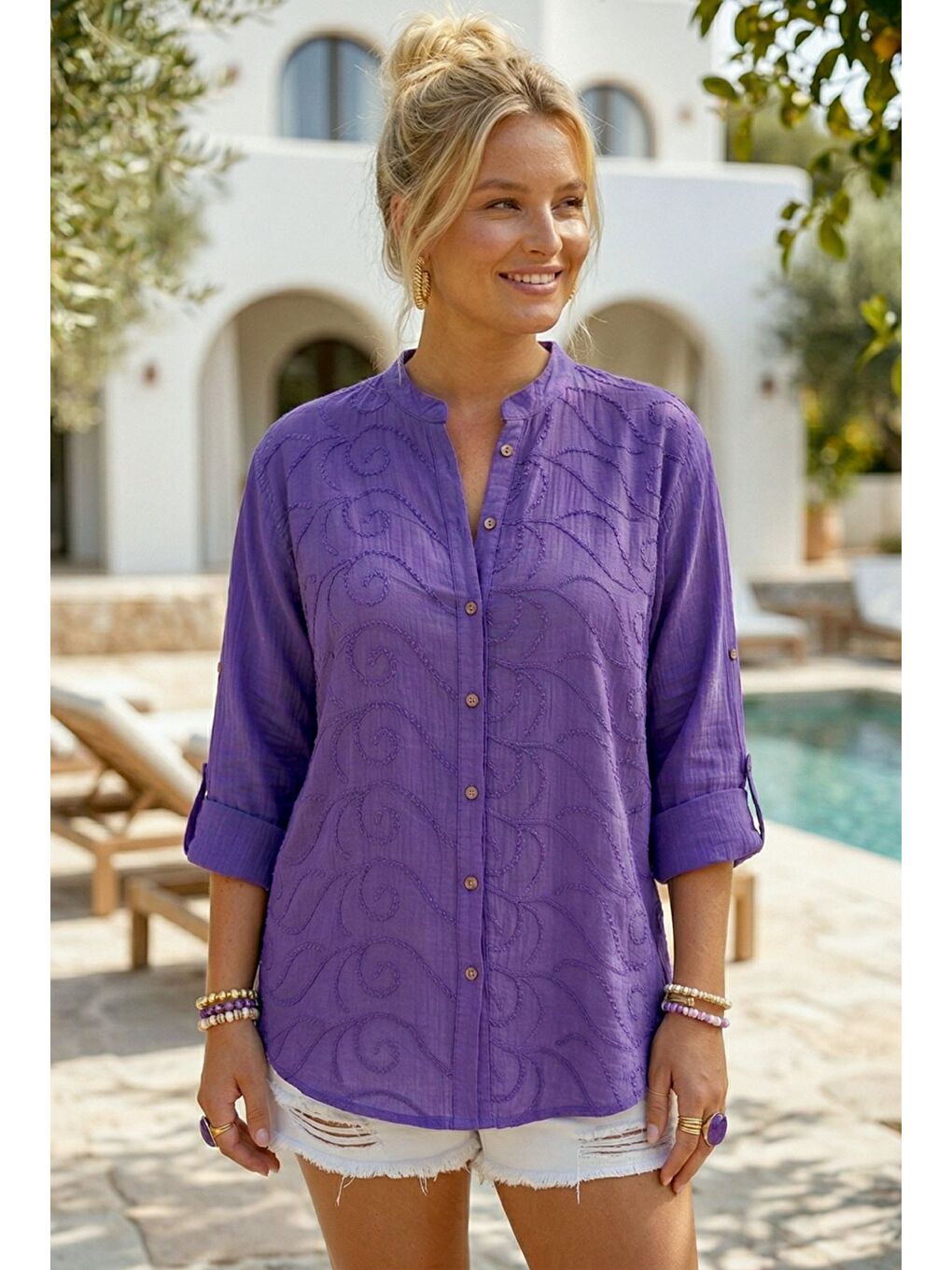 Mor Hakim Yaka Düğmeli Uzun Kollu Düğmeli Casual Müslin Dokuma Gömlek 75 63-1