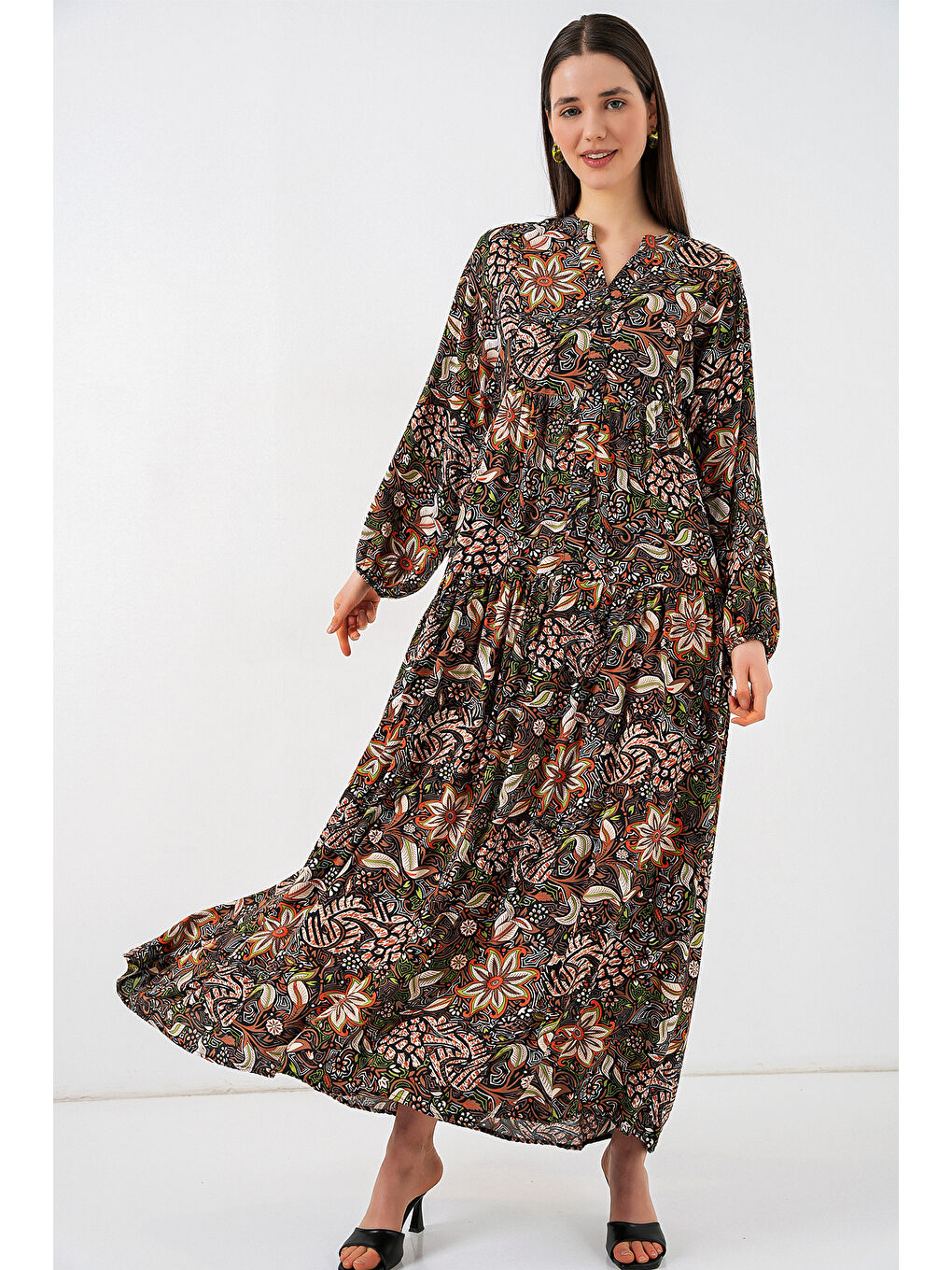 Kadın Desenli Uzun Tesettür Elbise 2585 - L. Siyah-3