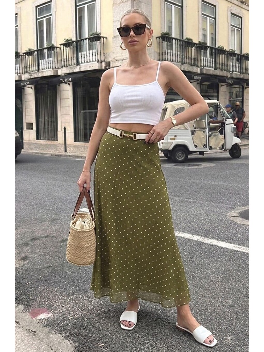 Haki Minimal Puantiye Desen Şifon Astarlı Etek Mg2821-1
