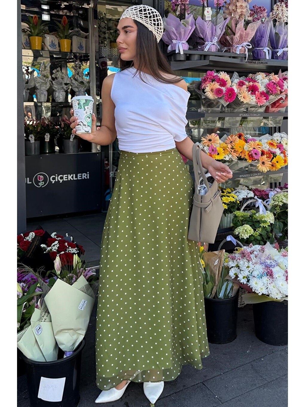 Haki Minimal Puantiye Desen Şifon Astarlı Etek Mg2821-2