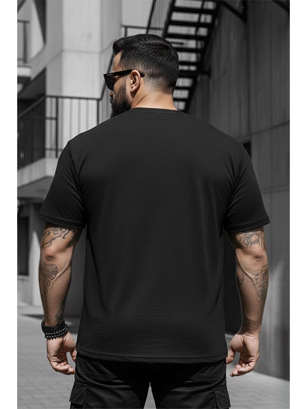 Siyah Kabuk Desen Elastanlı Erkek Büyük Beden Gofre (Kabartma) Dokulu T-Shirt-2